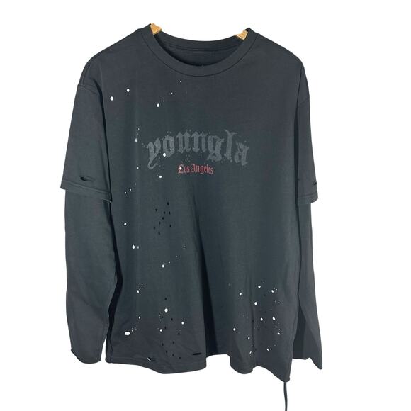 YoungLA Distressed Long Sleeve Oversized T shirt Black Small - Picture 1 of 9